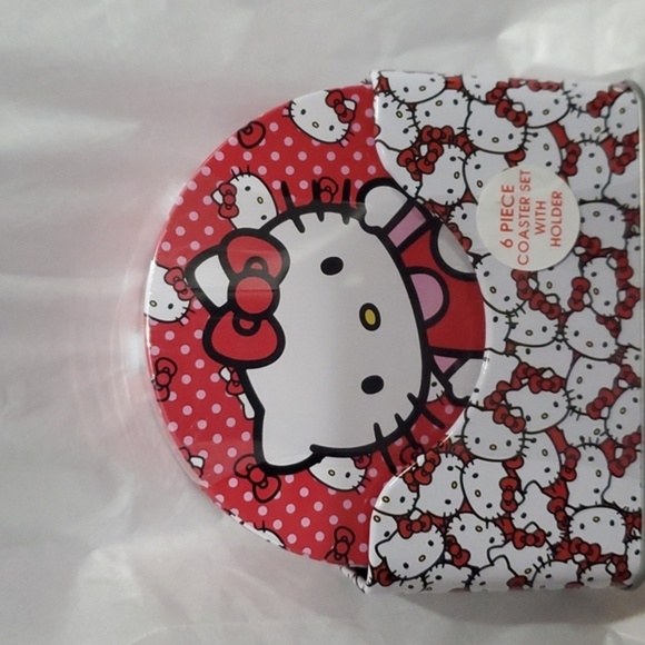 Hello Kitty pink white hello kitty monogrammed logo 6pc tin coaster set & holder - Picture 10 of 10